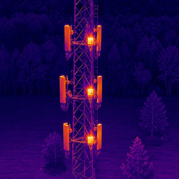 Thermal image of a communication tower glowing brightly.