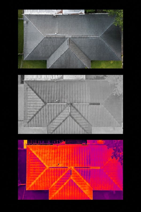 Different visual representations of a roof from three perspectives.