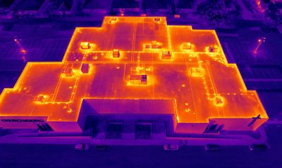 Thermal image of building roof showing heat distribution.