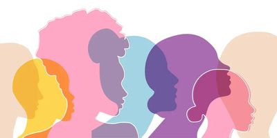 Colorful overlapping silhouettes of diverse women's profiles.