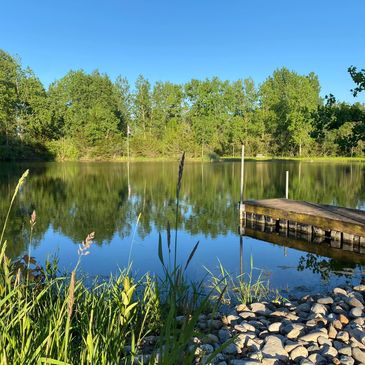 Peaceful lake with dock and green trees.
