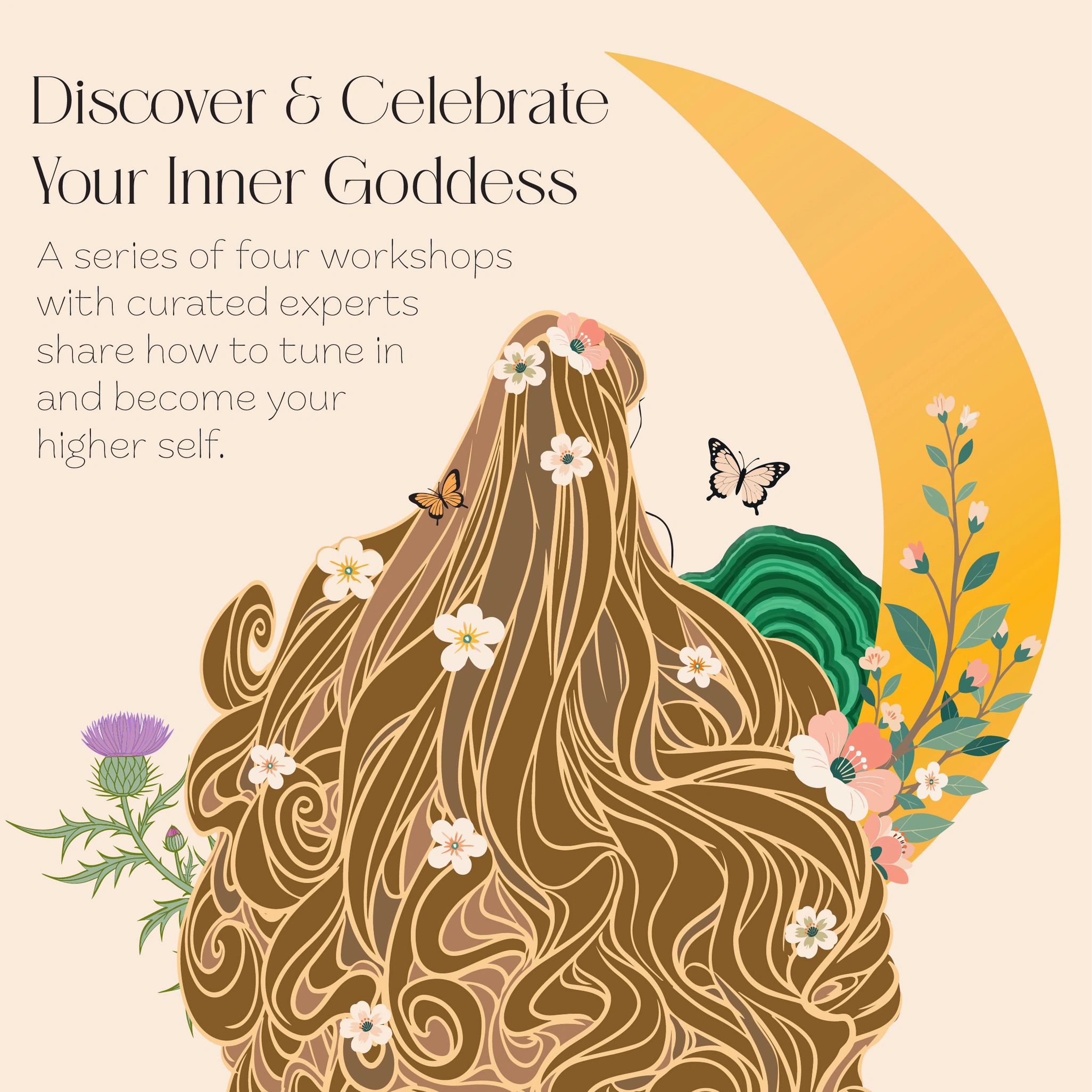 Illustration of a woman with flowers and butterflies celebrating inner goddess.
