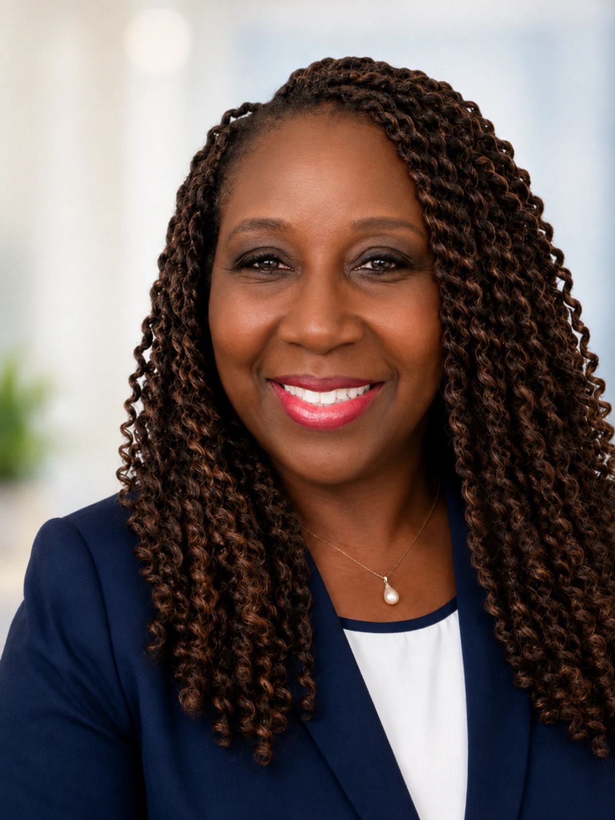 Confident woman with braided hair in professional attire.