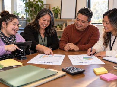Colleagues smiling and discussing charts in a meeting.