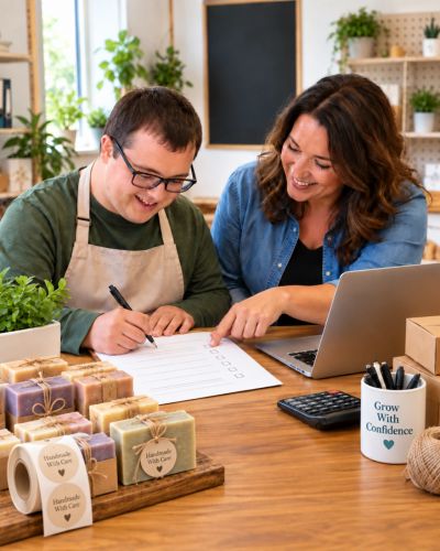 Woman helping man with checklist at a workspace.