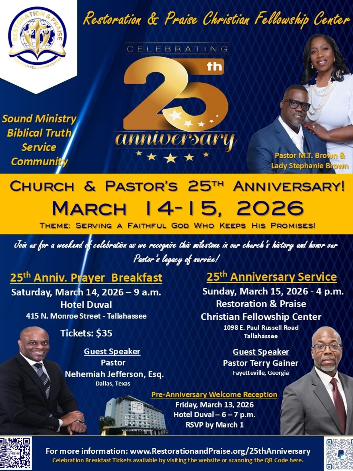 Flyer for the Restoration & Praise Christian Fellowship Center Church & Pastor's 25th Anniversary Ce