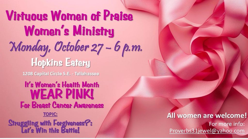 VWP Women's Ministry Monthly Meeting
Monday, October 27, 2025 - 6 p.m.
Topic: Struggling with Forgi