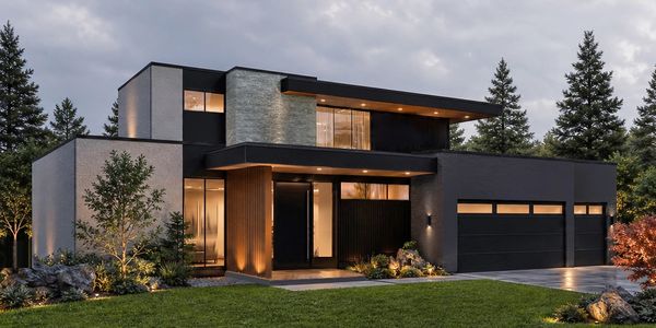 Modern two-story house with sleek design and warm exterior lighting at dusk.