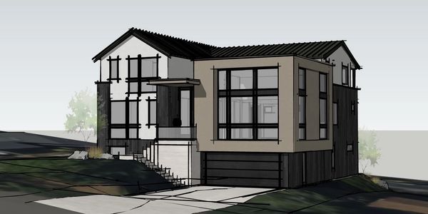 3D rendering of a modern two-story house with large windows and a garage.