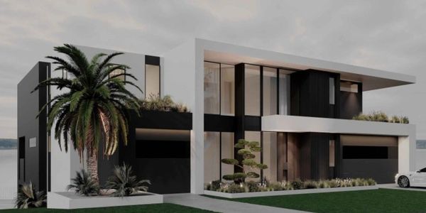 Modern two-story house with black and white exterior and large windows.