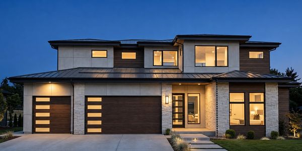 Modern two-story house with large windows and garage doors at dusk.