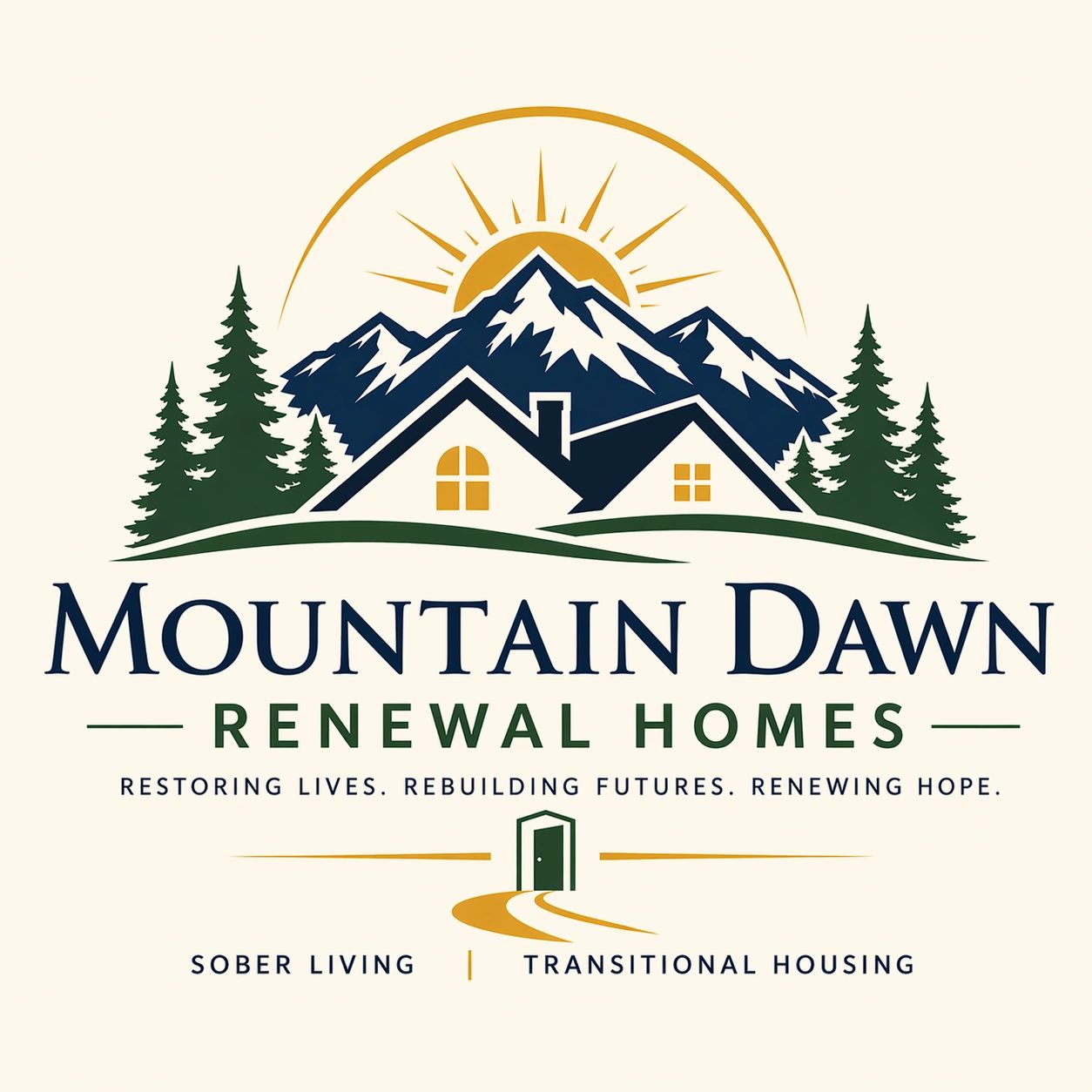 Logo for Mountain Dawn Renewal Homes with mountain, sunrise, and house icons.