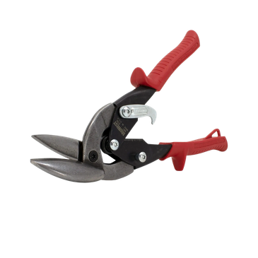 Metal aviation snips with red handles.