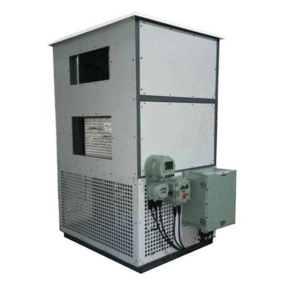 Industrial air cooler unit with control panel and ventilation grilles.
