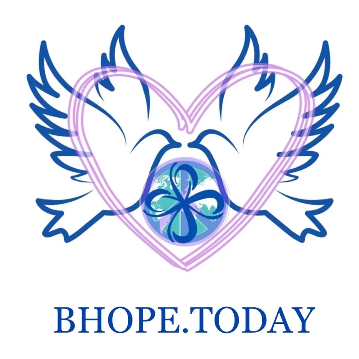 Logo with doves, heart, and globe symbolizing peace and love.