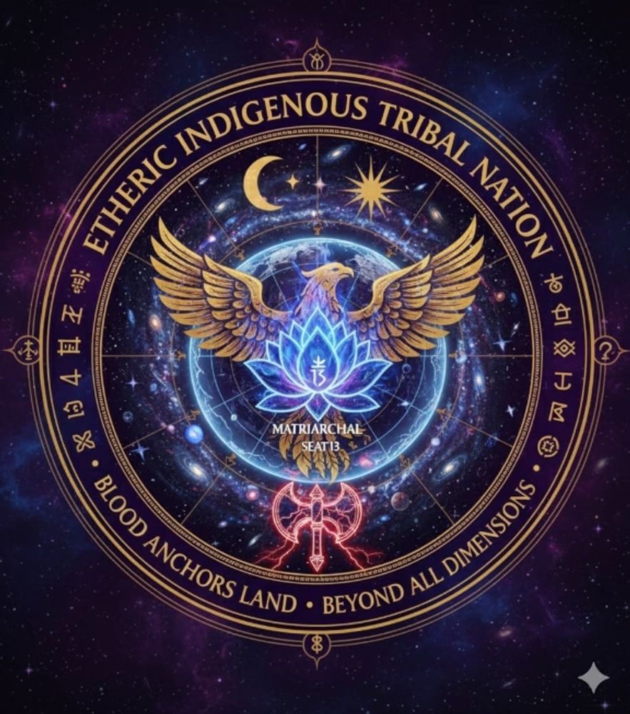Mystical emblem of the Etheric Indigenous Tribal Nation with cosmic and spiritual symbols.
