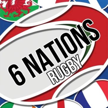 Illustration of a rugby ball with '6 Nations Rugby' text and flags in the background.