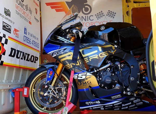 James Hilliers OMG Racing 2022 isle of man TT superbike loaded in the van ready for  transportation