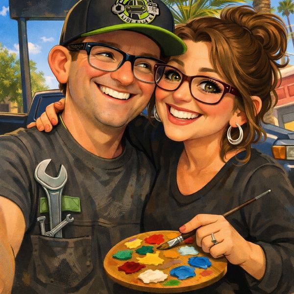 man with wrench and woman with paint palette. both wearing glasses