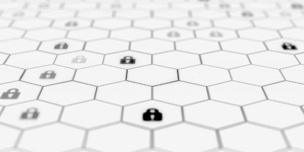 Honeycomb pattern with padlocks implying a dependent physically immutable structure like blockchain