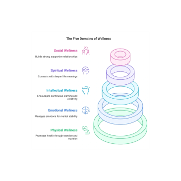 Infographic of the five domains of wellness with explanations.