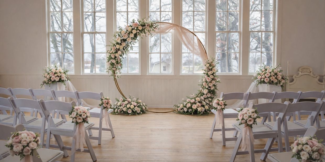 beautiful wedding arch up against the backdrop of the historic 160 year old windows.