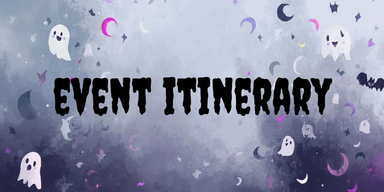 Spooky event itinerary title with ghosts and moons background.