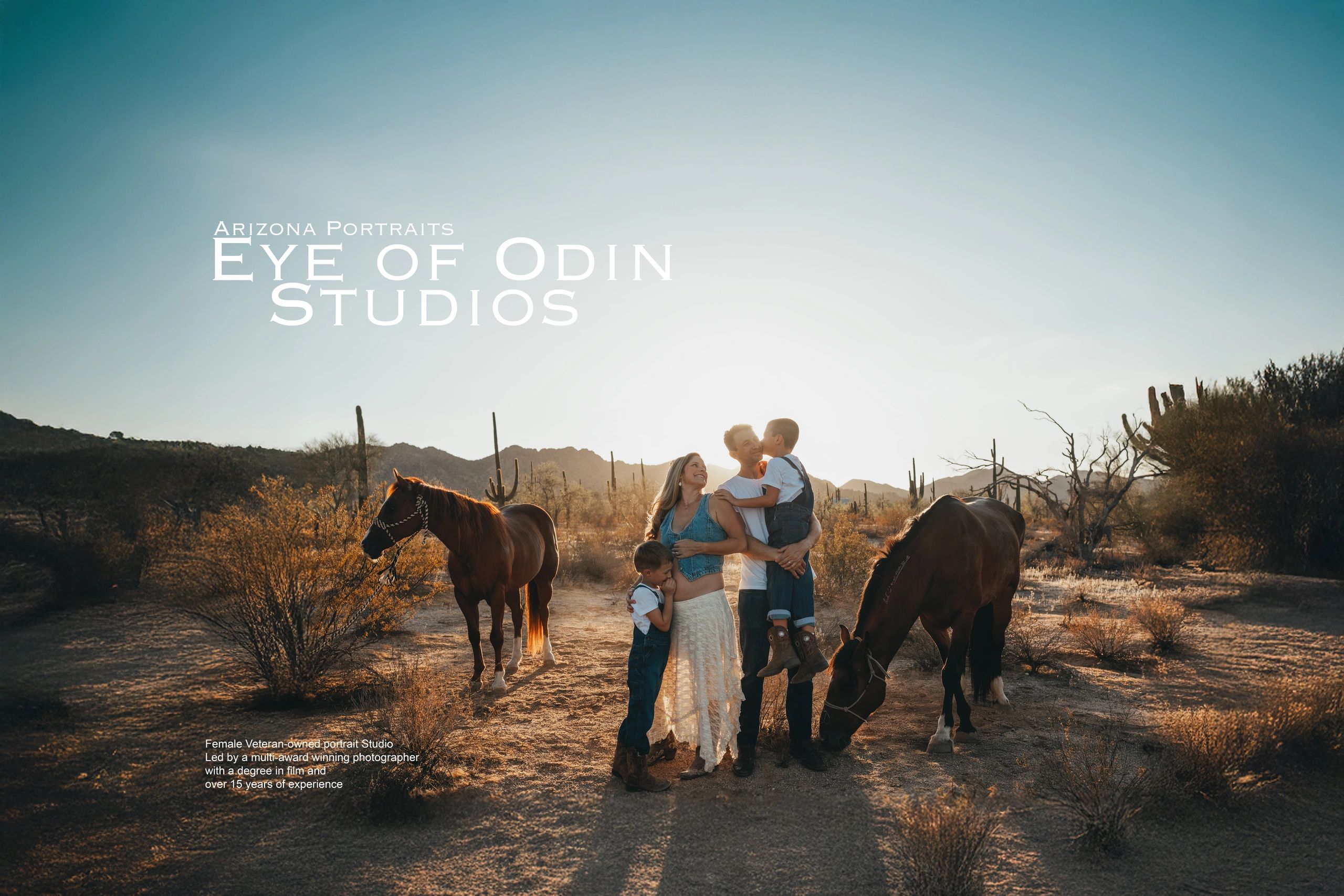 Arizona family portrait with horses at sunset in the Sonoran Desert by Eye of Odin Studios.