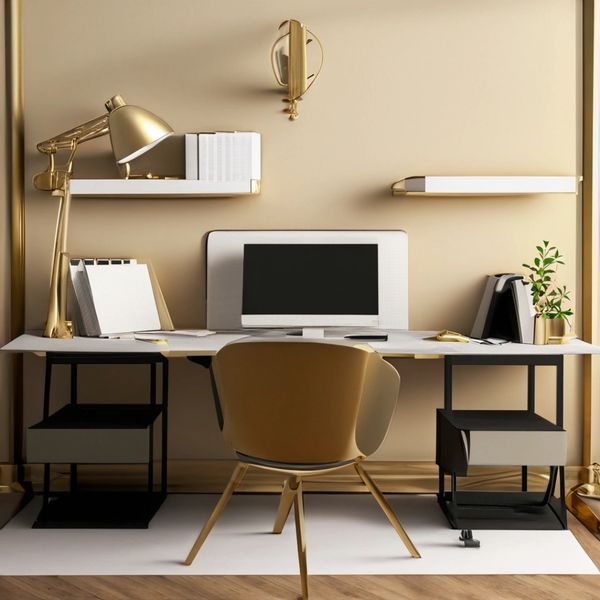 Modern workspace with gold accents and minimalist design.