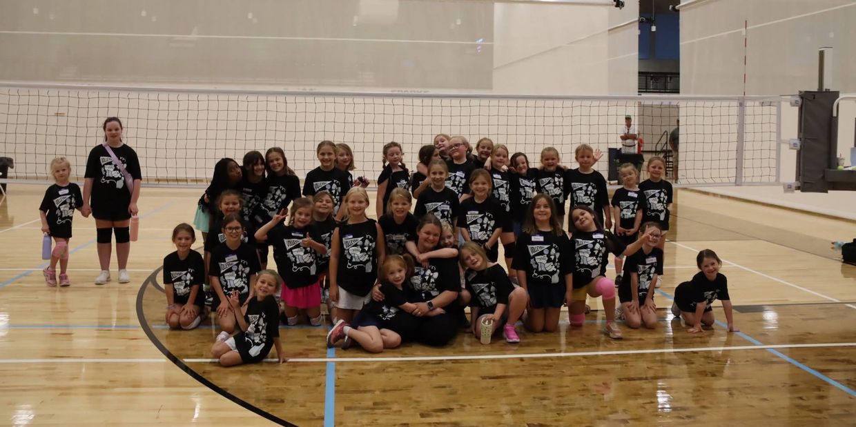 Girls' volleyball team posing for a group photo in gym.
