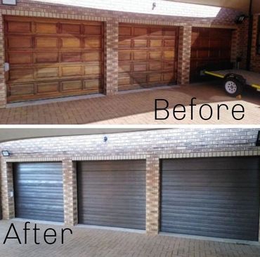 Before and after photos of garage door transformation.