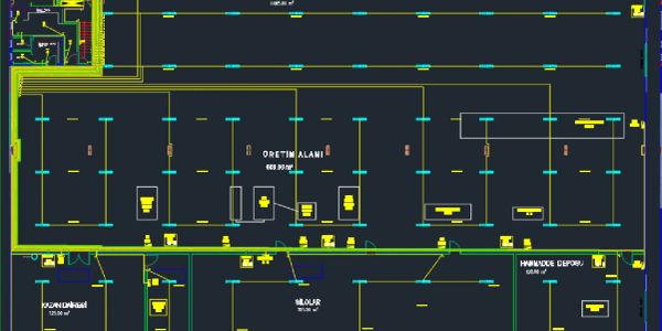 Floor plan of a production area with labeled sections and measurements.