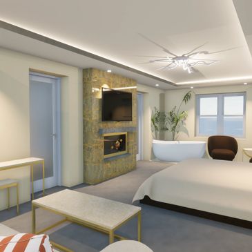 Spacious modern bedroom with a fireplace, bathtub, and cozy seating area.