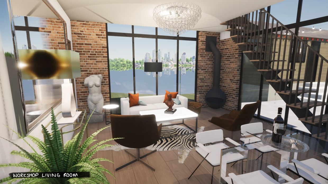 Modern living room with large windows, brick walls, and stylish furniture overlooking a city skyline.