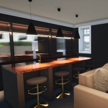 Modern living room with brown sectional sofa and stylish kitchen island with bar stools.