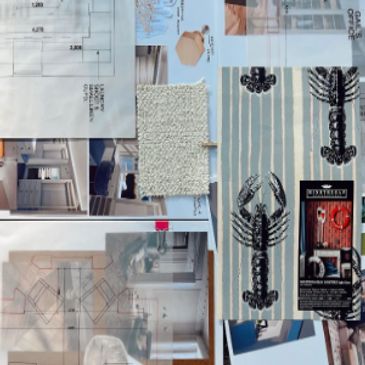 Interior design mood board with fabric swatches, floor plans, and furniture images.