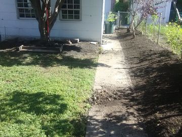 shows two garden beds cleared of weeds down to dirt, ready for ground cloth and mulch.