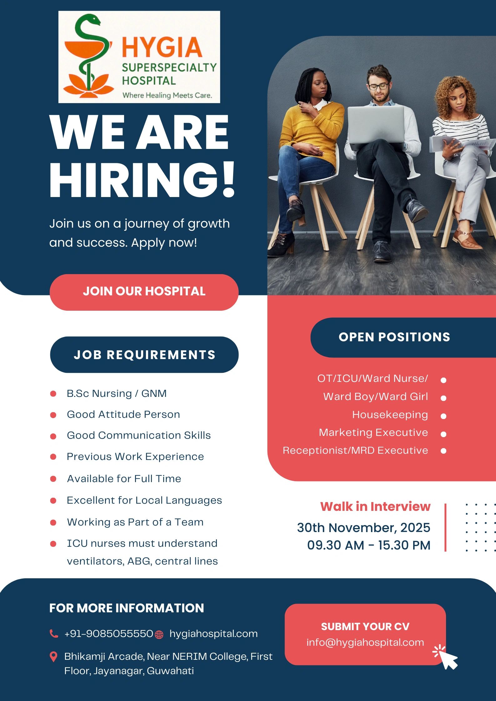 Hygia Superspecialty Hospital is hiring for multiple healthcare and administrative roles.