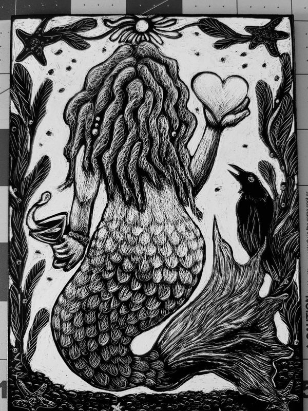 Mermaid heART and Wine original Scratchbord by Cindy Rhodes of cindyrhodes.com 