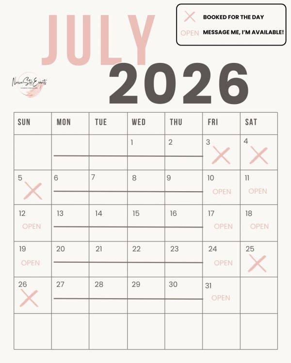 Booking status calendar for July 2026 with marked dates.