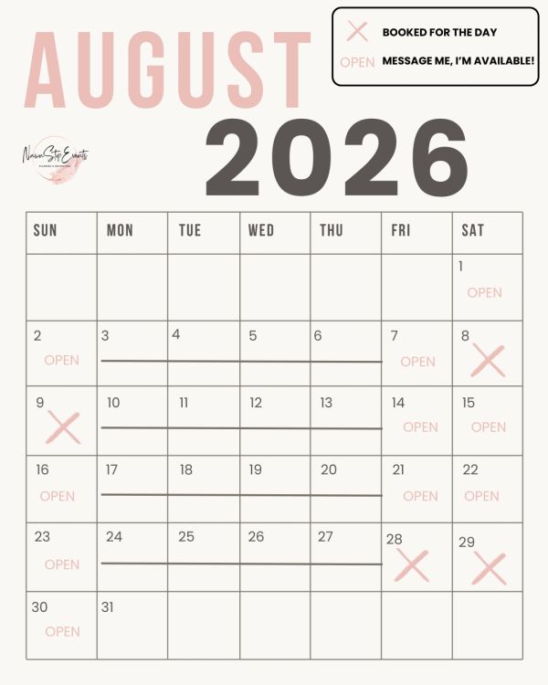 Calendar for August 2026 with booked and open days.