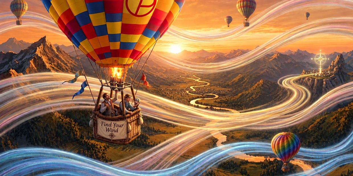 Hot air balloons flying over mountains at sunset.