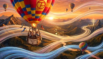 Hot air balloons floating over a scenic landscape at sunset.
