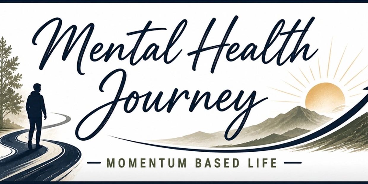 Illustration of a person on a winding path toward a sunrise with 'Mental Health Journey' text.