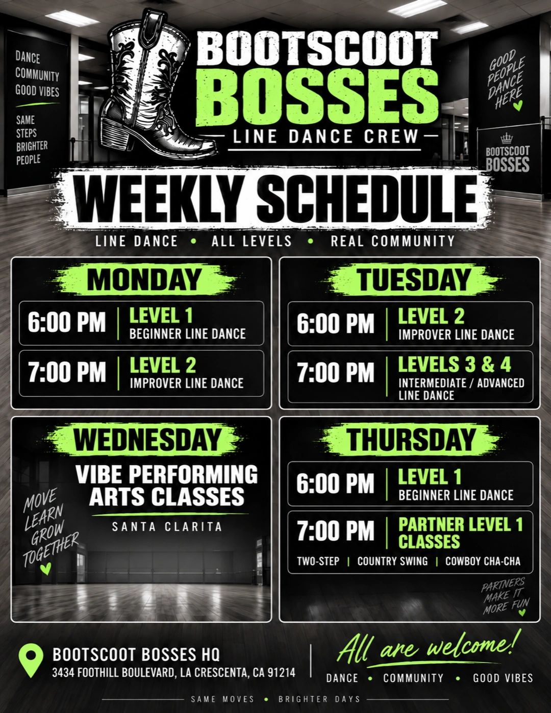 Bootscoot Bosses line dance weekly schedule from Monday to Thursday.