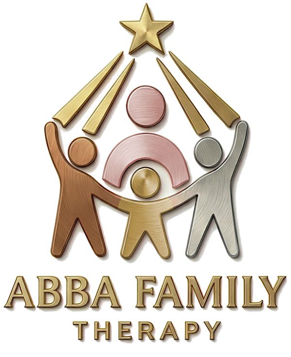 Metallic logo of ABBA Family Therapy with stylized family figures and a star.