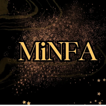 Gold text 'MINFA' on a black glittery background.
