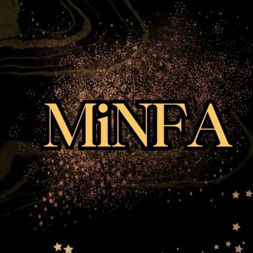 Logo with word 'MiNFA' on a black and gold sparkling background.