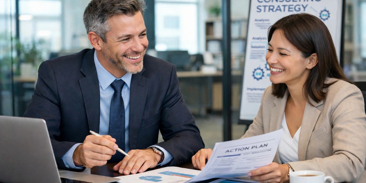 Business consultant advising happy client about consulting strategy and action plan.