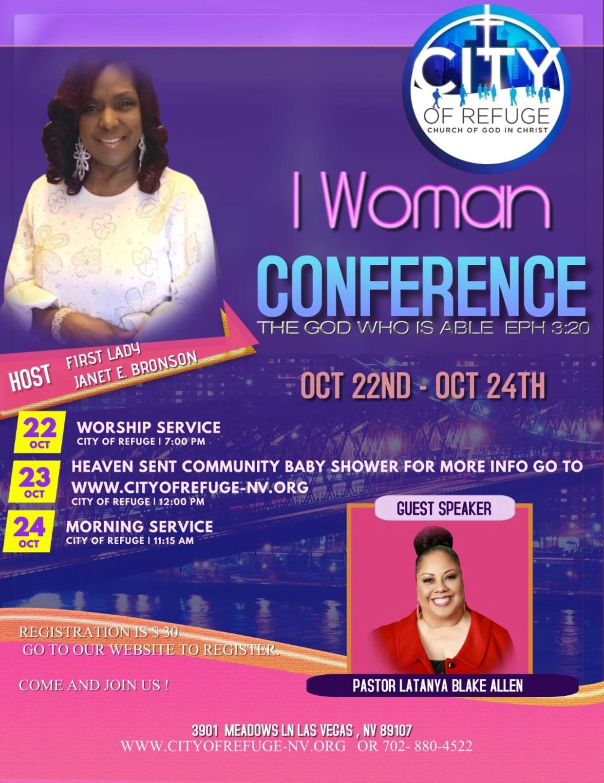 City of Refuge I Woman Conference hosted by First Lady Janet E. Bronson, Oct 22-24 with guest speaker Pastor Latanya Blake Allen.